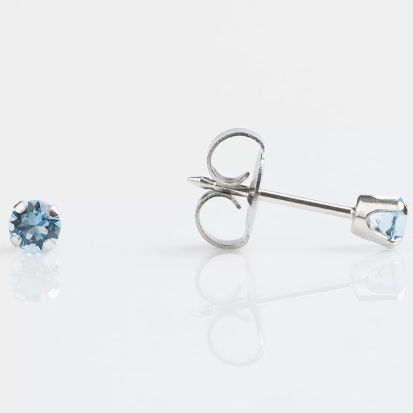 Studex Stainless Steel 3MM MAR Aquamarine Crystal Ear Piercing Earrings - Picture 1 of 6